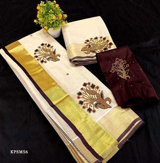 Kerala Tissue Set Mundu with Blouse Material  / Indian traditional women clothing/ Handmade designs, Vishu Set Mundu