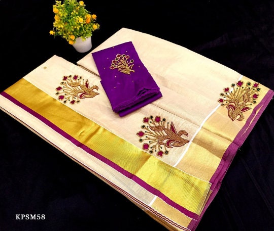 Kerala Tissue Set Mundu with Blouse Material  / Indian traditional women clothing/ Handmade designs, Vishu Set Mundu