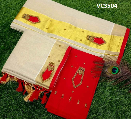 Kerala Nagapadam design Set Mundu with Blouse Material /Tissue Set Mundu /Indian traditional women clothing/ Handmade designs, Vishu Special