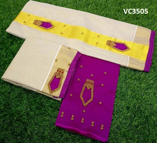 Kerala Nagapadam design Set Mundu with Blouse Material /Tissue Set Mundu /Indian traditional women clothing/ Handmade designs, Vishu Special