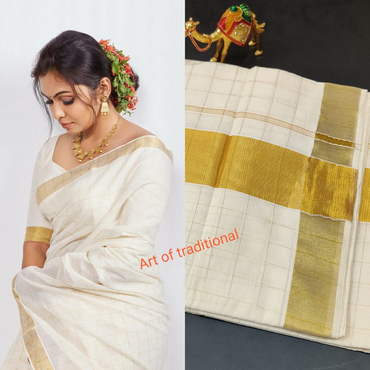 Kerala Traditional  Golden Full check Cotton saree with stitched Blouse or Blouse Material / Onam Kasavu Saree/ Handmade/Traditional Onakodi