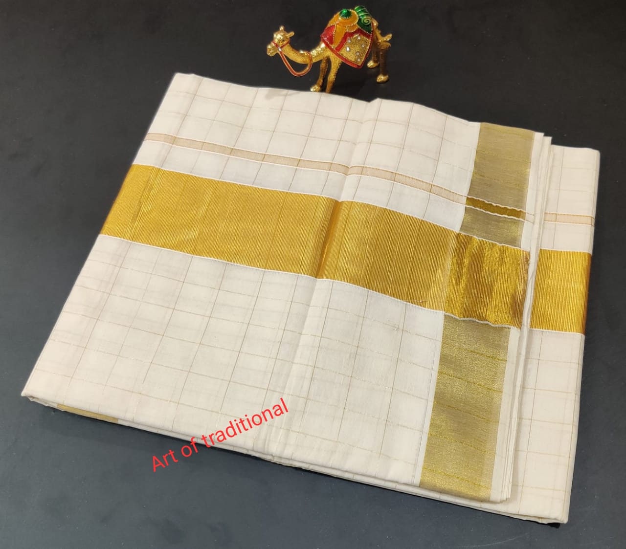 Kerala Traditional  Golden Full check Cotton saree with stitched Blouse or Blouse Material / Onam Kasavu Saree/ Handmade/Traditional Onakodi