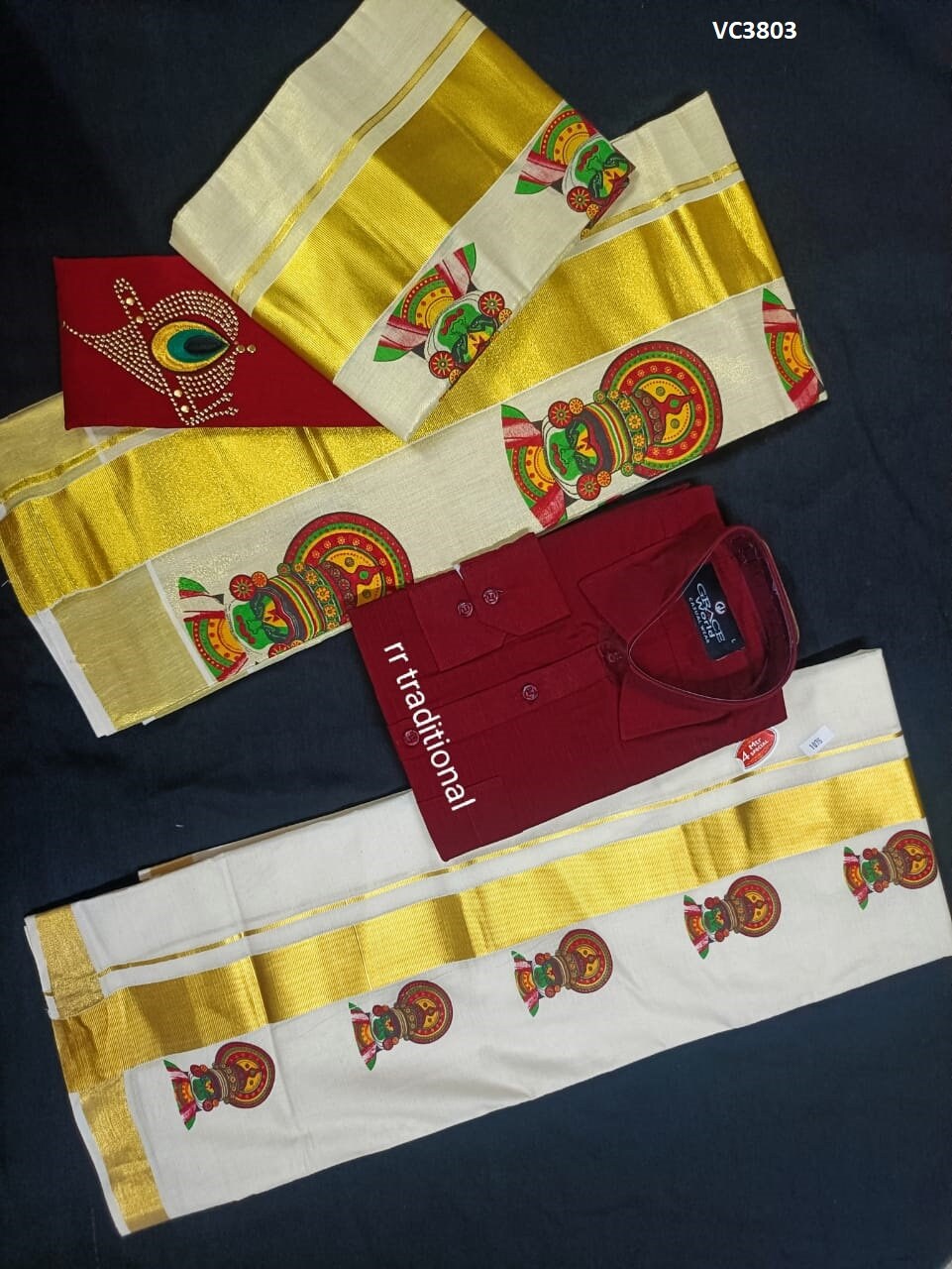 Gold or Silver Tissue Mural print Set Mundu with Men&#39;s Shirt Dhoti Combo, Onam, Vishu, Pooja, Birth day, Marriage, Kerala Onam Dress