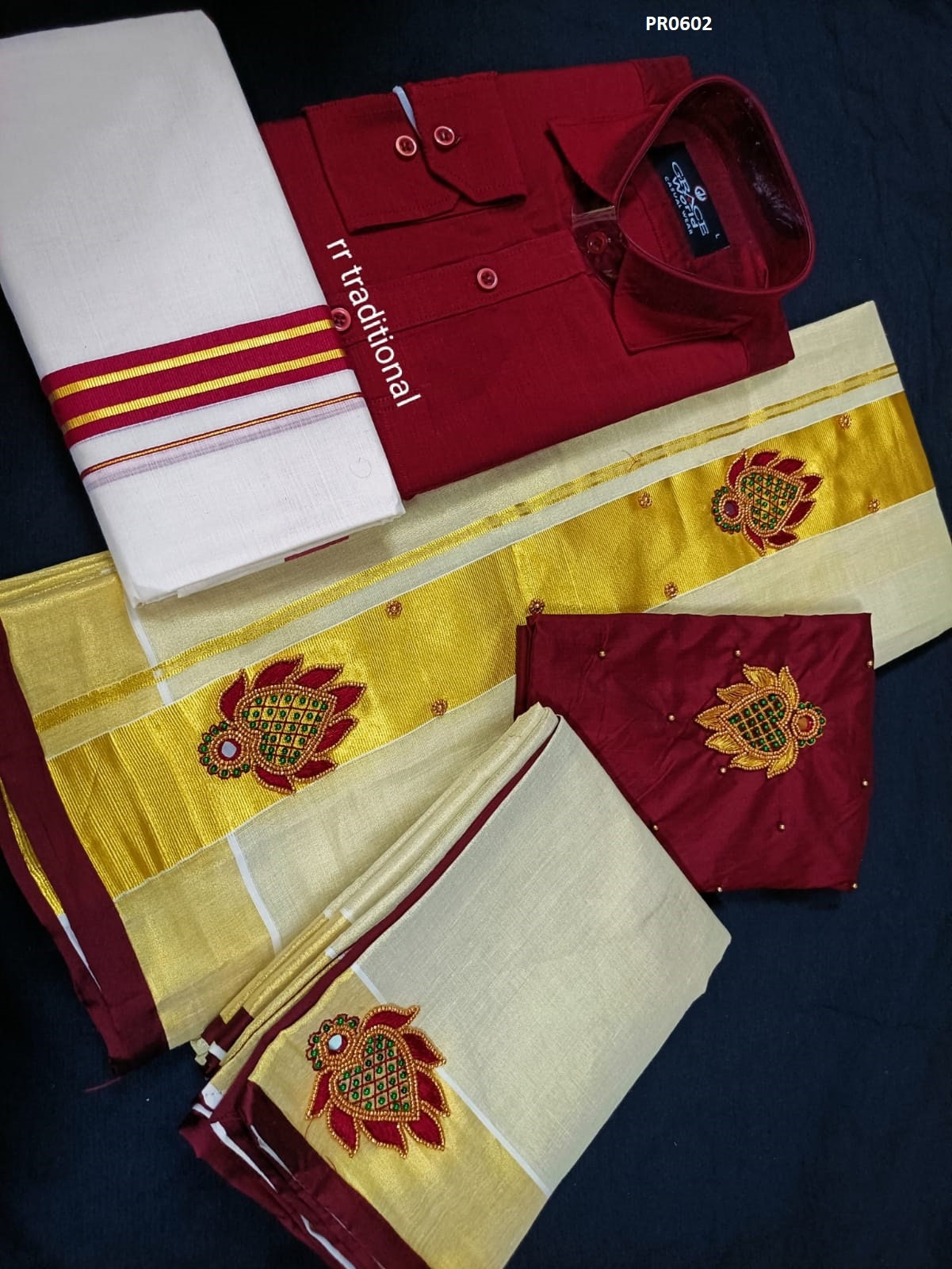 Kerala Golden Tissue hand worked Set Mundu / Set saree with Men&#39;s Shirt Dhoti Combo, Onam, Vishu, Pooja, Birth day, Marriage, Onam Special