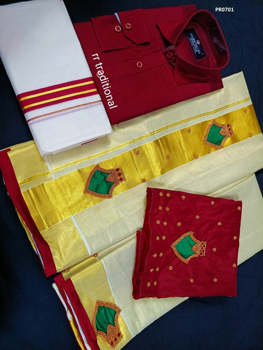 Tissue Hand work Set Mundu  with Blouse Material and Men&#39;s Shirt Dhoti, Combo Pack, Onam, Vishu Set Mundu, Birth day, New year, Marriage