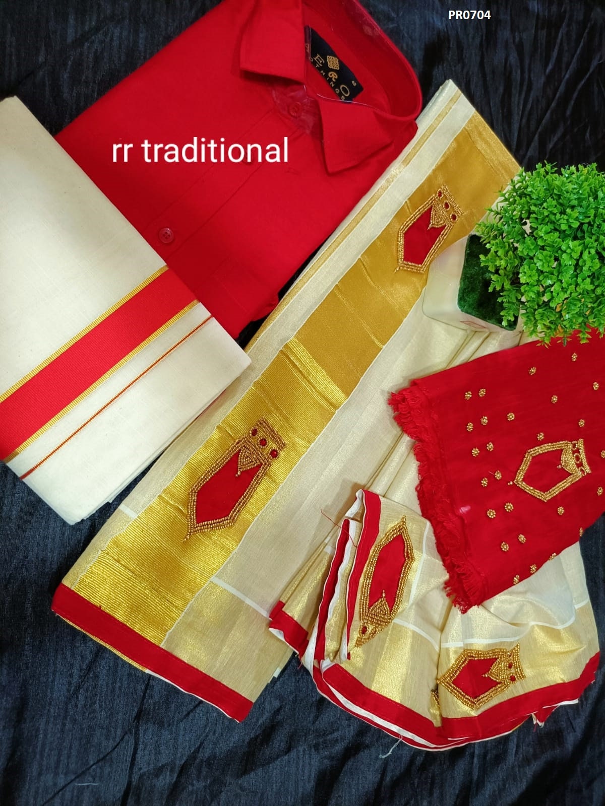 Tissue Hand work Set Mundu  with Blouse Material and Men&#39;s Shirt Dhoti, Combo Pack, Onam, Vishu Set Mundu, Birth day, New year, Marriage