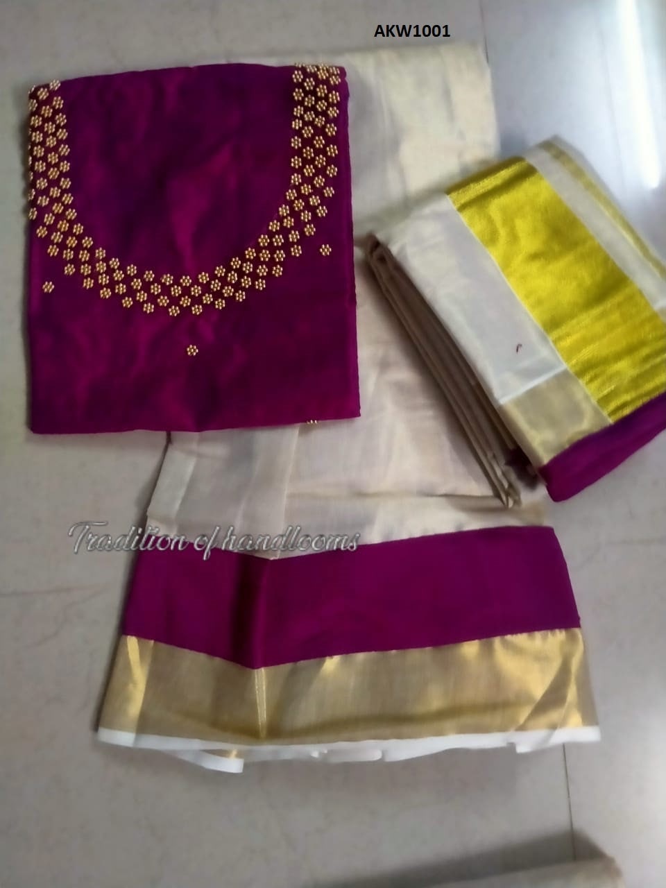 Kerala Golden Tissue Hand worked  Davani Material, Skirt stitched and Blouse material / Stitched Blouse, Onam, Vishu Wear, Dhavani, Lehanka