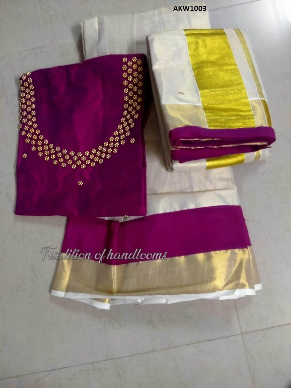 Kerala Golden Tissue Hand worked  Davani Material, Skirt stitched and Blouse material / Stitched Blouse, Onam, Vishu Wear, Dhavani, Lehanka