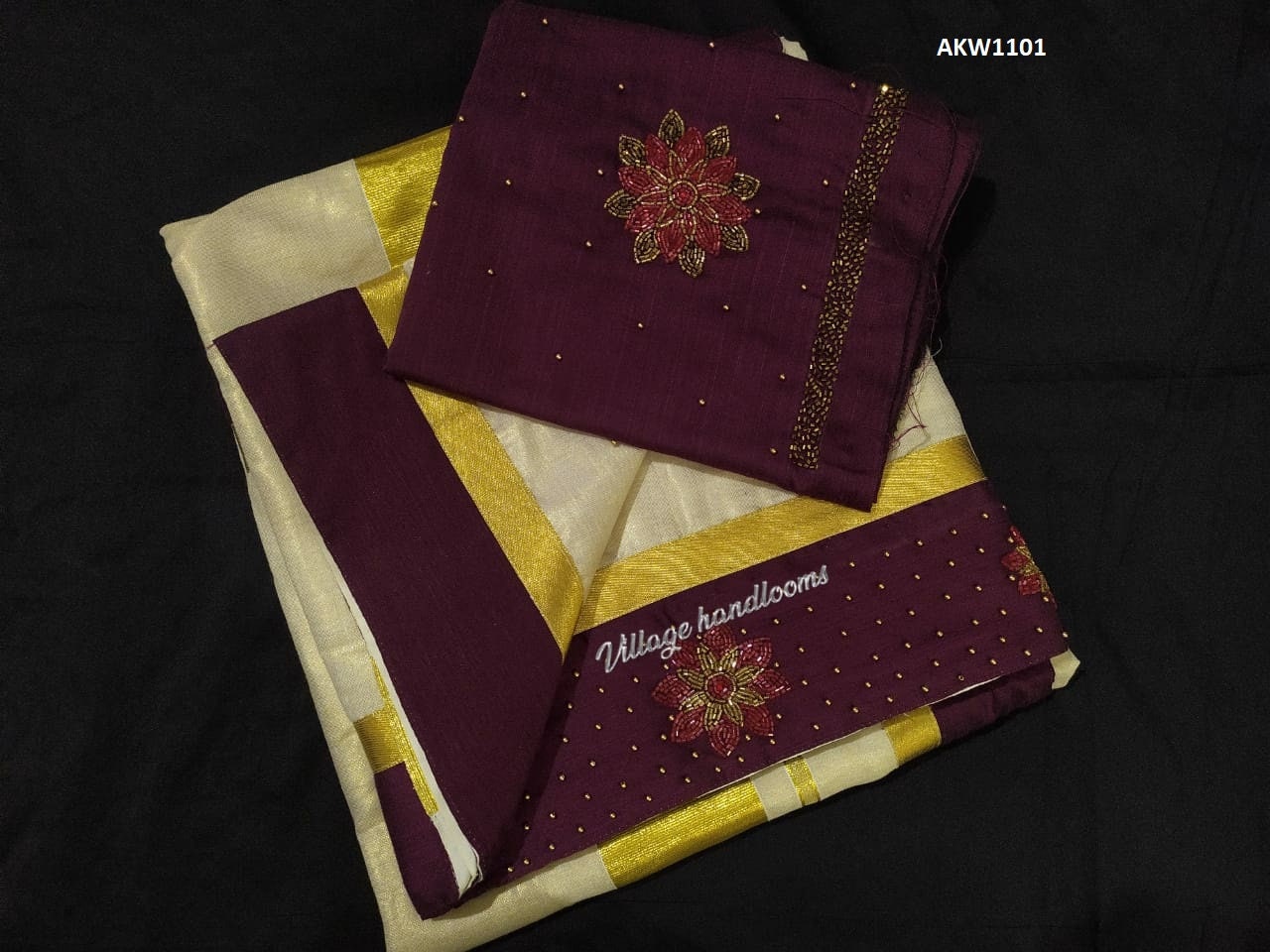 Kerala Tissue Kunjalam Tulasi Printed Set Saree, Stitched Blouse, Indian Handmade Kerala Saree Traditional, Onam, Vishu wear Set Saree