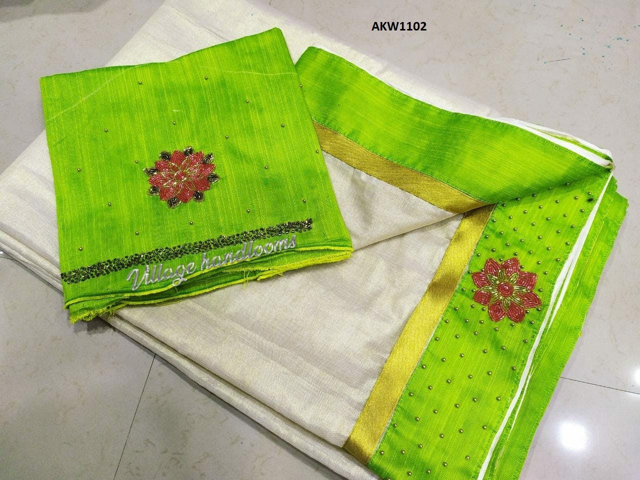 Kerala Tissue Kunjalam Tulasi Printed Set Saree, Stitched Blouse, Indian Handmade Kerala Saree Traditional, Onam, Vishu wear Set Saree