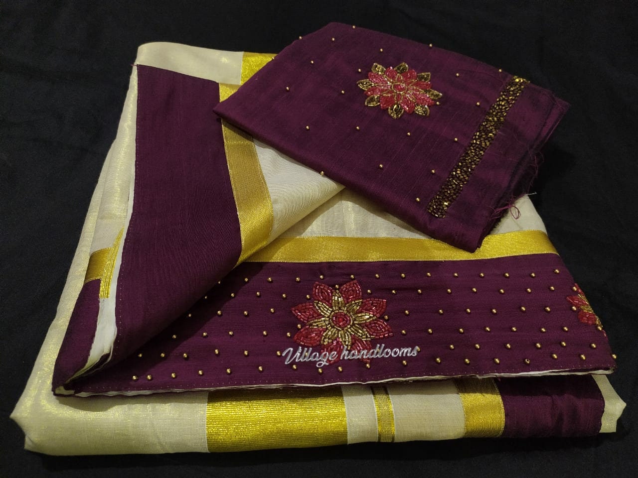 Kerala Tissue Kunjalam Tulasi Printed Set Saree, Stitched Blouse, Indian Handmade Kerala Saree Traditional, Onam, Vishu wear Set Saree