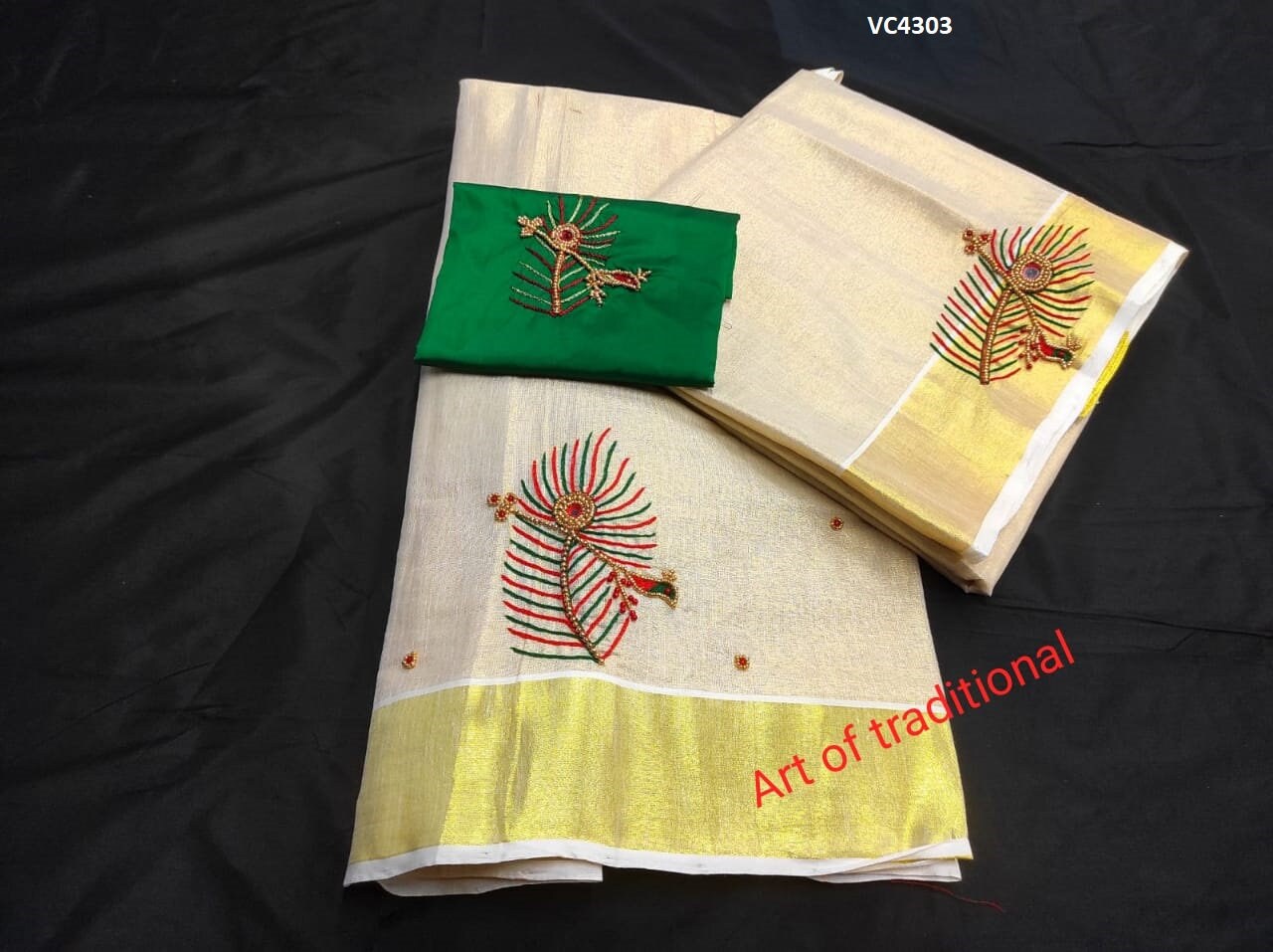 Kerala Golden Tissue Aari worked Dhavaniset  with Stitched Blouse or Blouse material,Onam, Christmas,Birthday,Festival