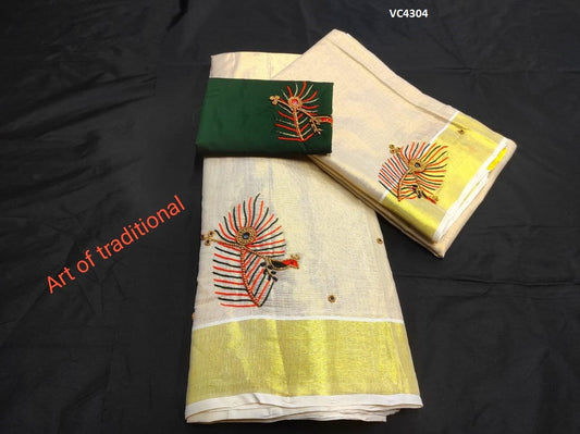 Kerala Golden Tissue Aari worked Dhavaniset  with Stitched Blouse or Blouse material,Onam, Christmas,Birthday,Festival