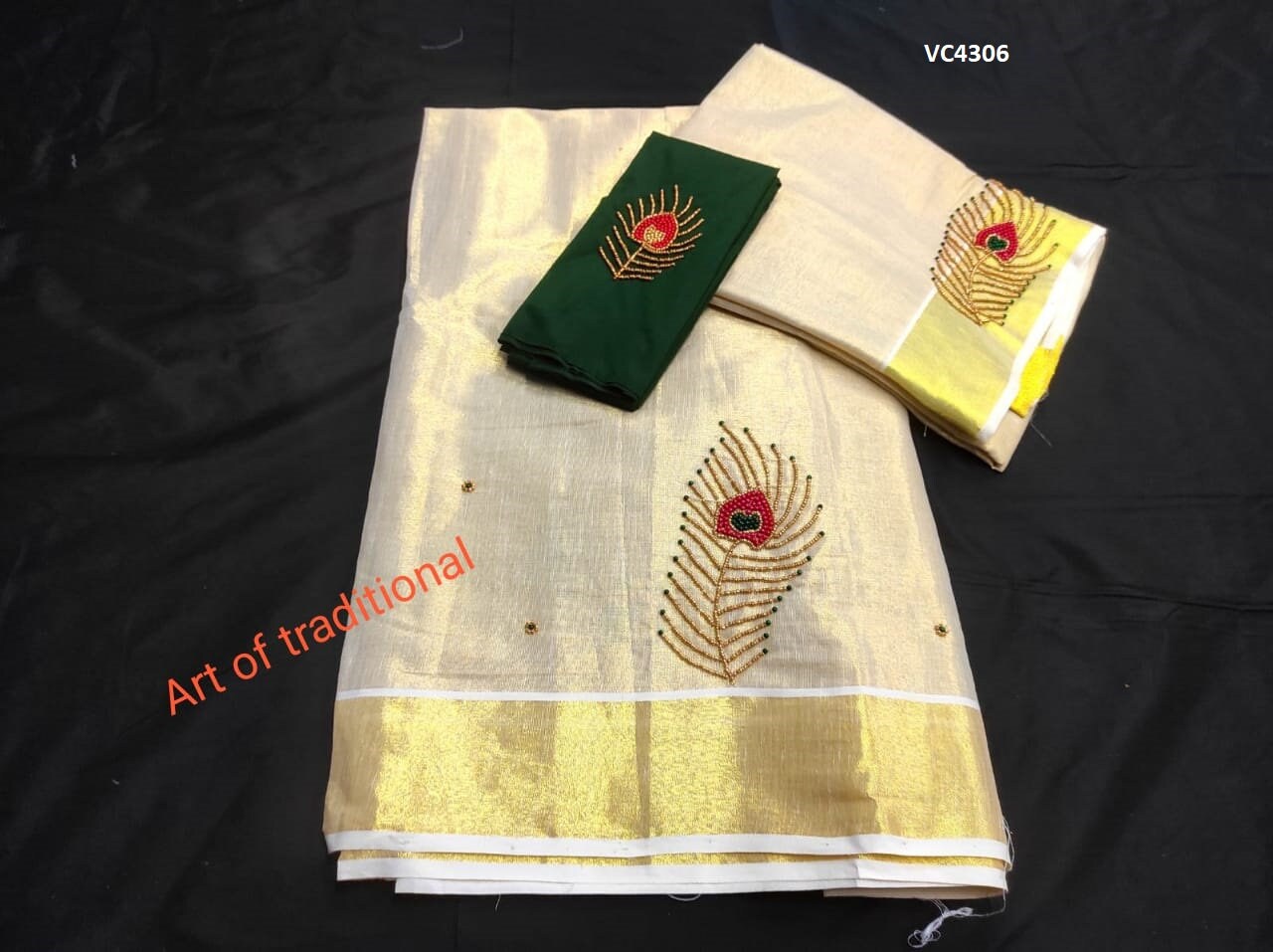 Kerala Golden Tissue Aari worked Dhavaniset  with Stitched Blouse or Blouse material,Onam, Christmas,Birthday,Festival