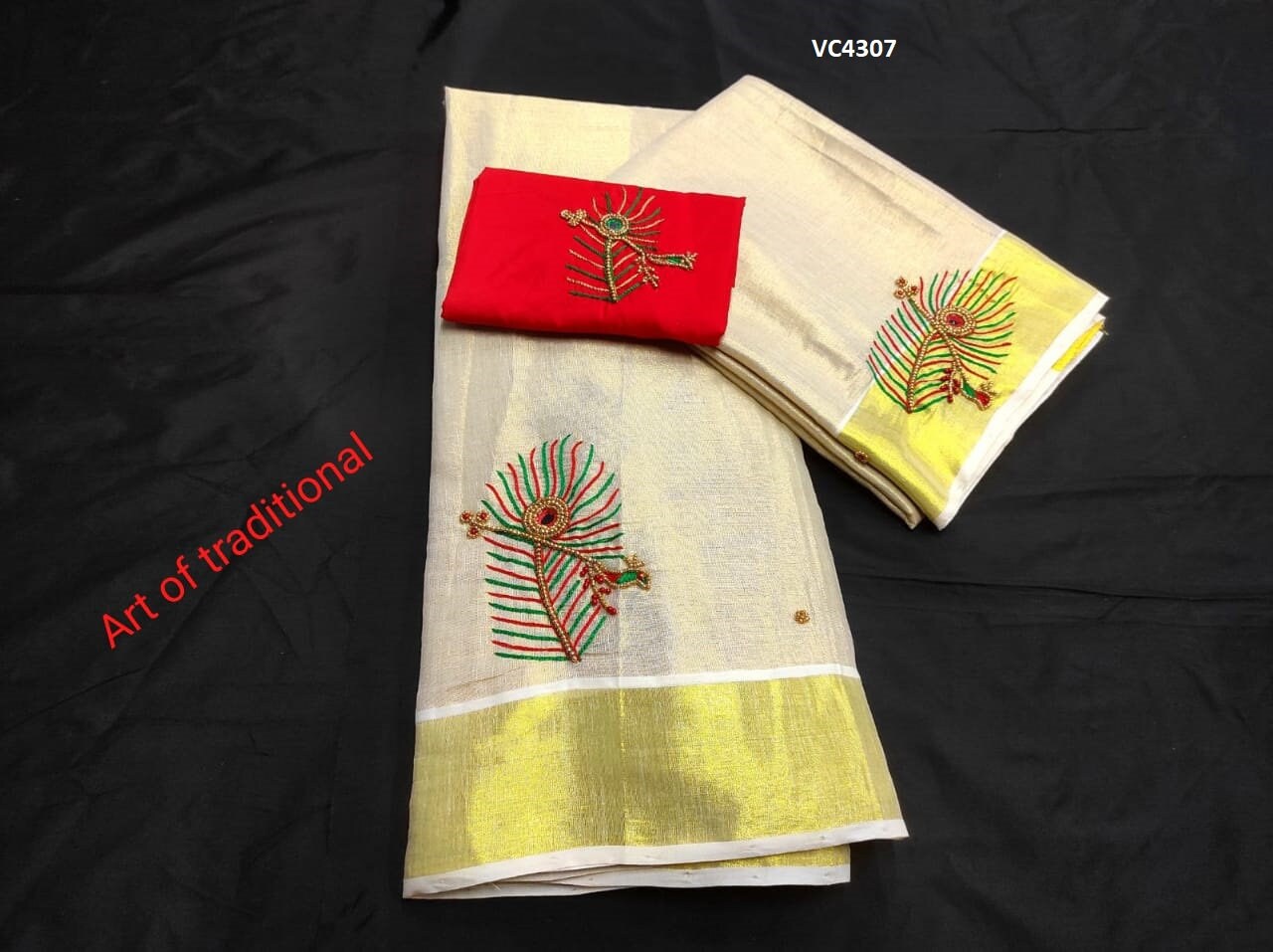 Kerala Golden Tissue Aari worked Dhavaniset  with Stitched Blouse or Blouse material,Onam, Christmas,Birthday,Festival