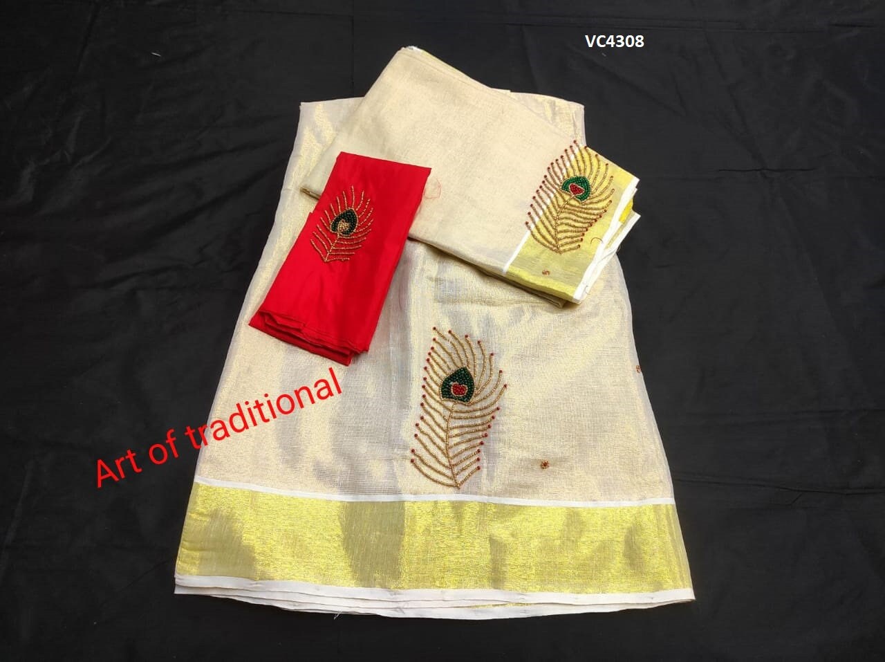 Kerala Golden Tissue Aari worked Dhavaniset  with Stitched Blouse or Blouse material,Onam, Christmas,Birthday,Festival