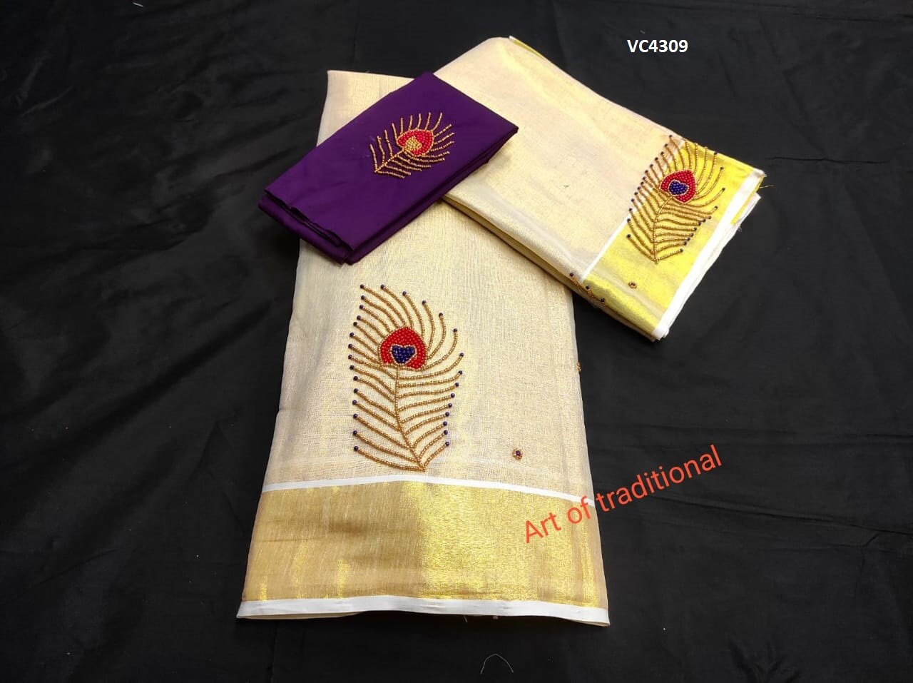 Kerala Golden Tissue Aari worked Dhavaniset  with Stitched Blouse or Blouse material,Onam, Christmas,Birthday,Festival