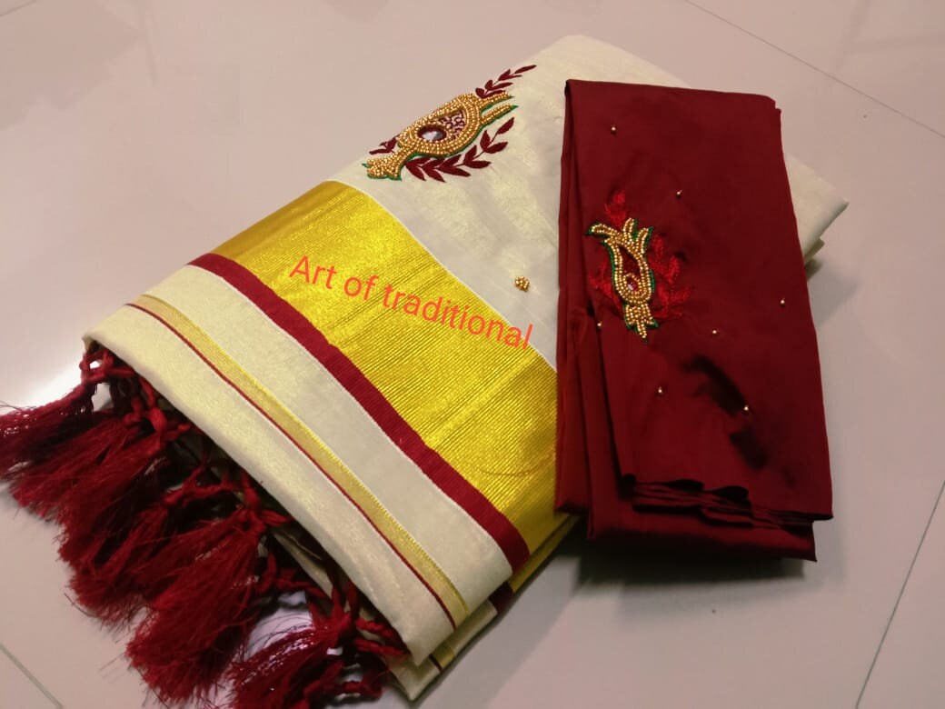 Kerala Traditional Hand worked Tissue Saree with Stitched Blouse or Blouse Material / Handmade designs /Indian traditional /Onam, Vishu wear