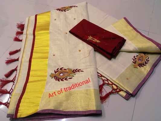 Kerala Traditional Hand worked Tissue Saree with Stitched Blouse or Blouse Material / Handmade designs /Indian traditional /Onam, Vishu wear