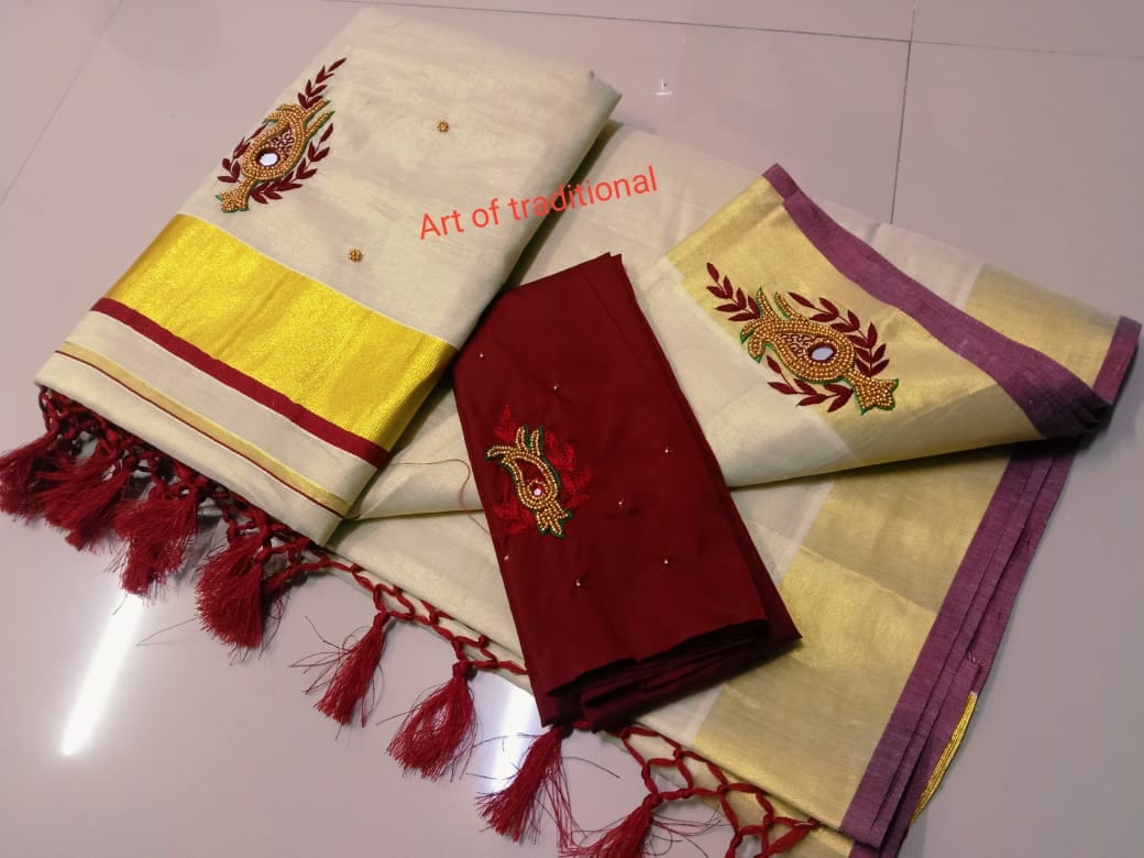 Kerala Traditional Hand worked Tissue Saree with Stitched Blouse or Blouse Material / Handmade designs /Indian traditional /Onam, Vishu wear