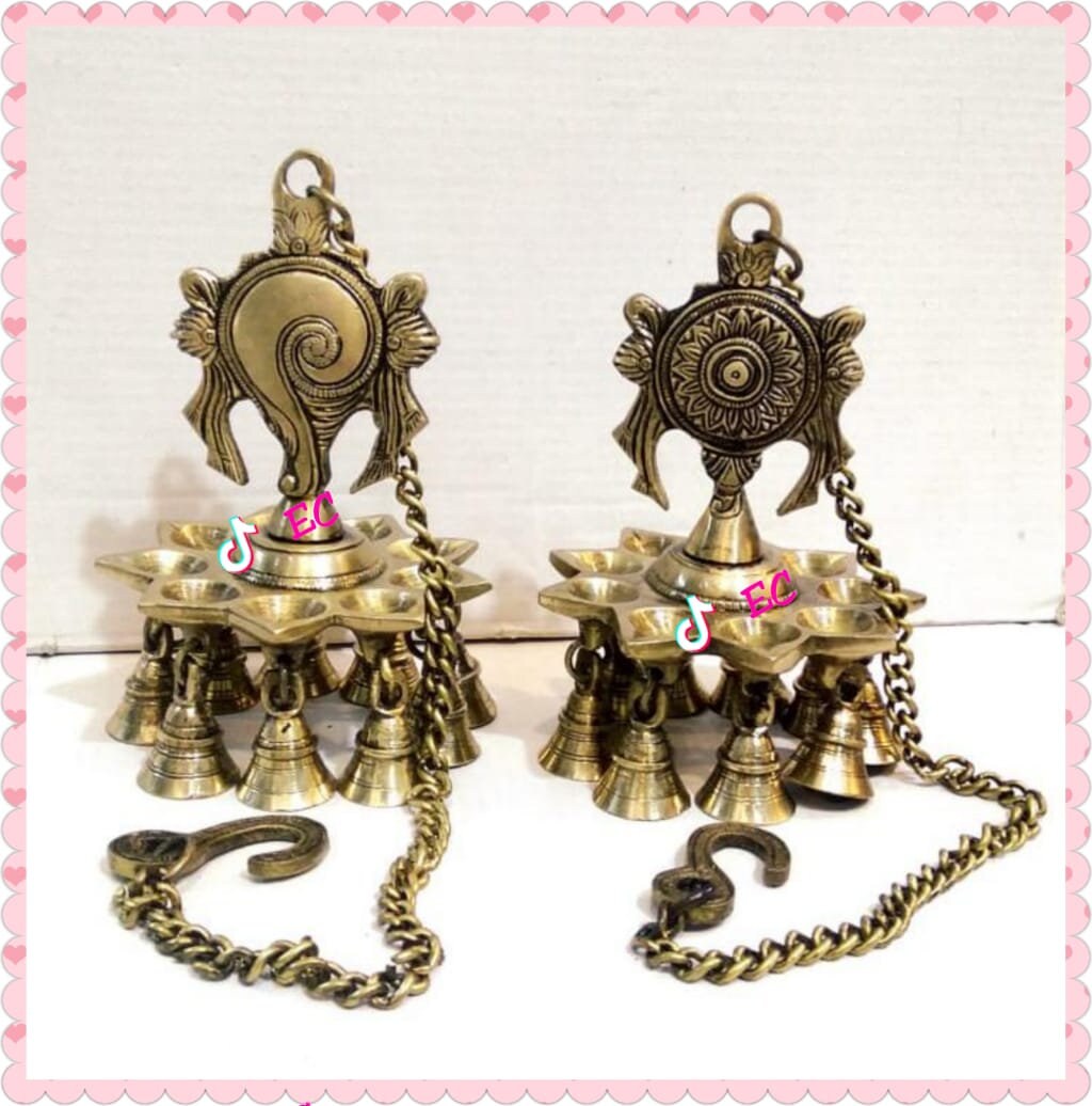 Pure brass hanging conch and chakra deepak pair with hanging bells,Hanging Lamp ,Handcrafted, Hanging diyas,Pooja,Indian Traditional