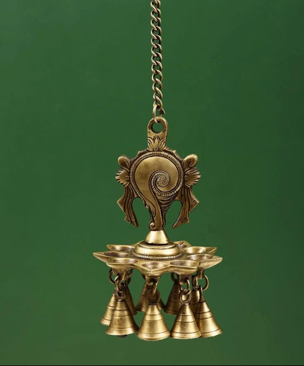 Pure brass hanging conch and chakra deepak pair with hanging bells,Hanging Lamp ,Handcrafted, Hanging diyas,Pooja,Indian Traditional