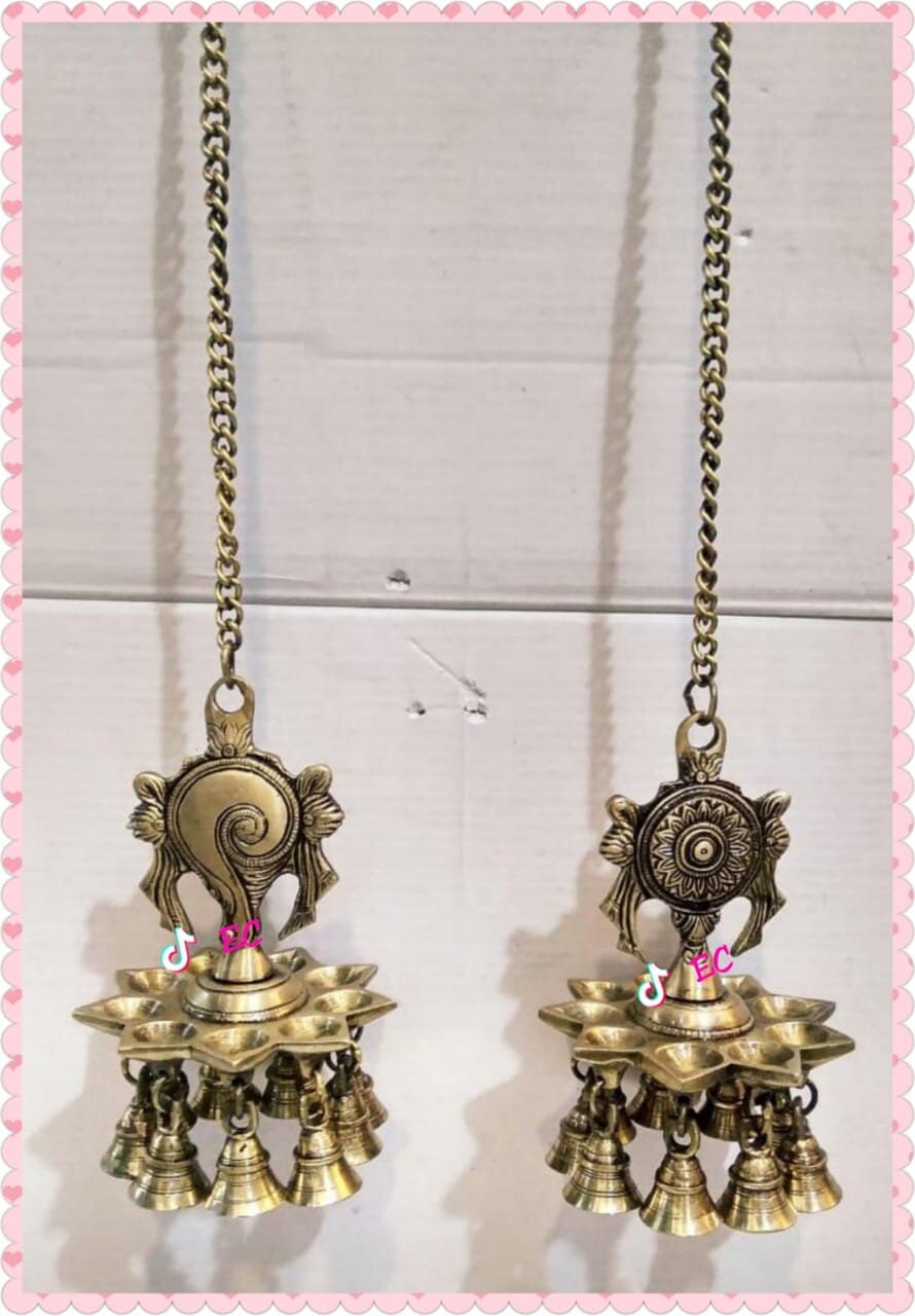 Pure brass hanging conch and chakra deepak pair with hanging bells,Hanging Lamp ,Handcrafted, Hanging diyas,Pooja,Indian Traditional