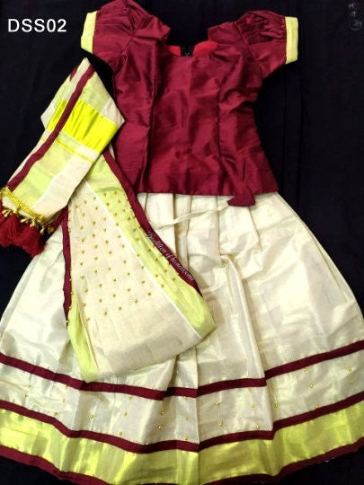 Kerala Tissue  Davani Skirt Stitched Free Size  for girls / Davani Set/ Traditional Girls Clothing / Handmade Designs