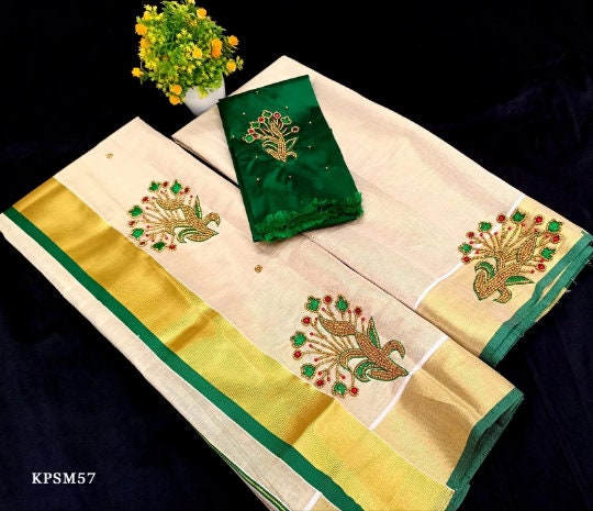 Kerala Tissue Set Mundu with Blouse Material  / Indian traditional women clothing/ Handmade designs, Vishu Set Mundu