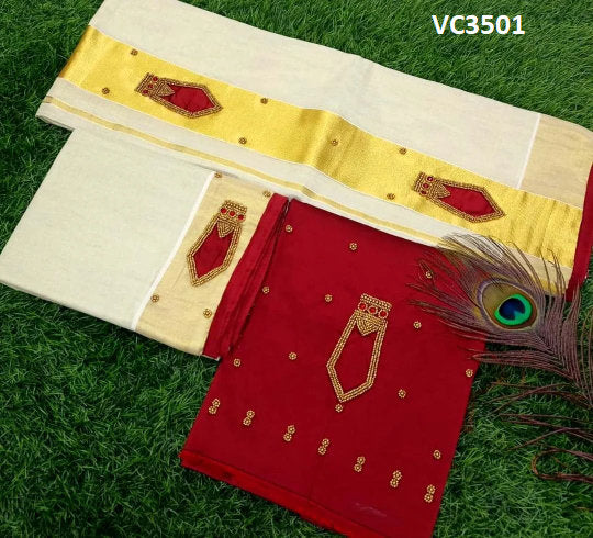 Kerala Nagapadam design Set Mundu with Blouse Material /Tissue Set Mundu /Indian traditional women clothing/ Handmade designs, Vishu Special