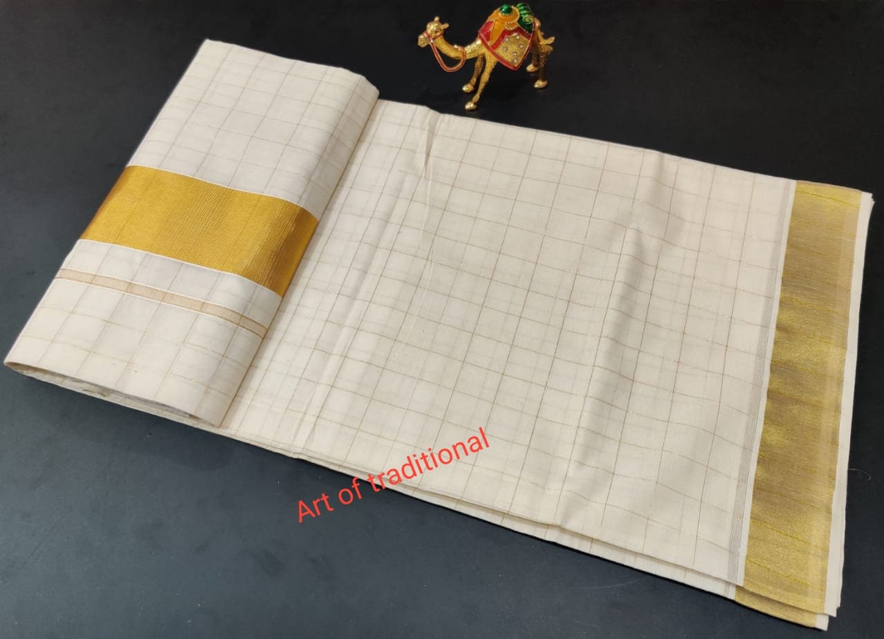 Kerala Traditional  Golden Full check Cotton saree with stitched Blouse or Blouse Material / Onam Kasavu Saree/ Handmade/Traditional Onakodi