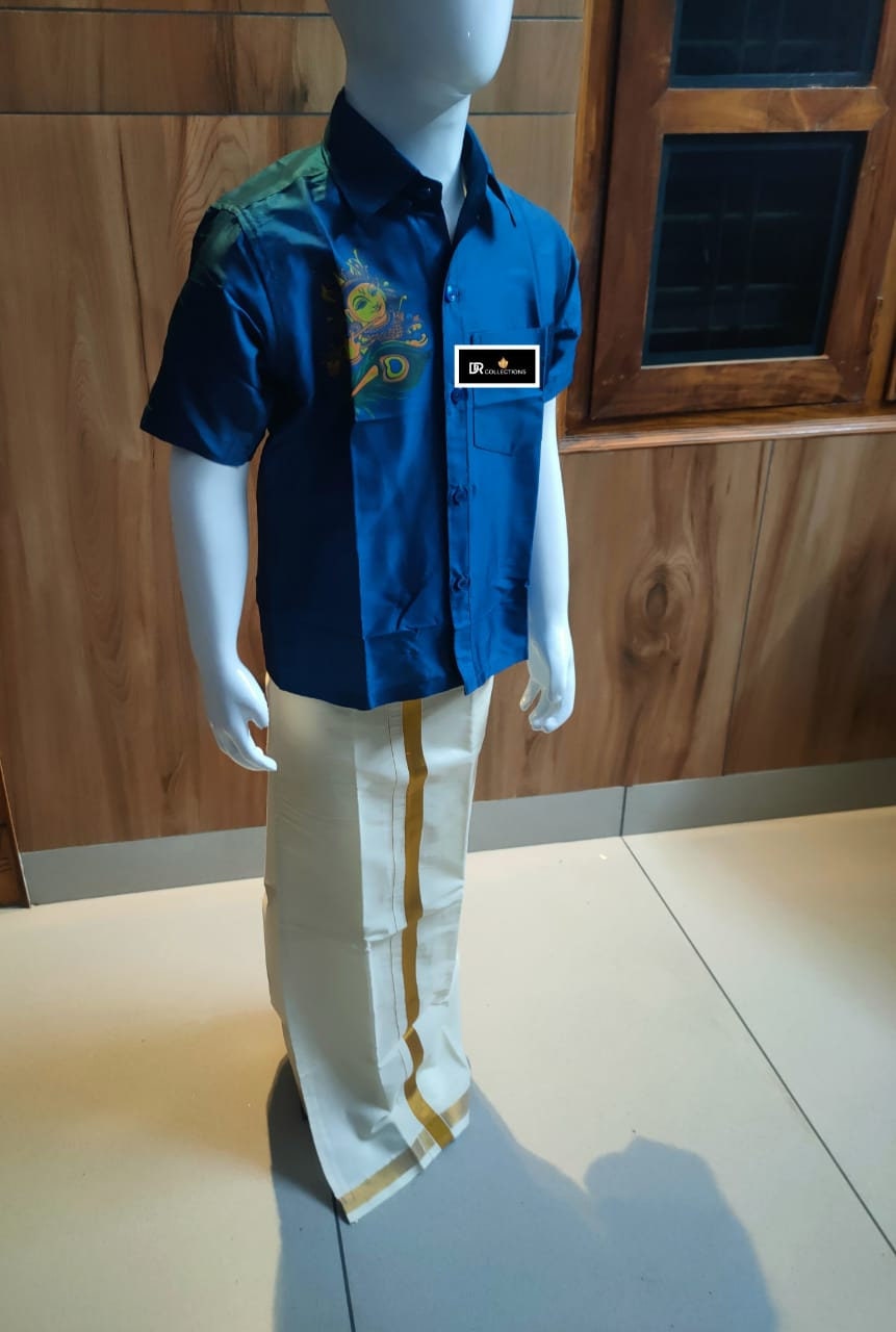 Mural Printed Shirt with Dhothi for  boys 1- 10 yrs / Handmade designs, Onam, Vishu, Birthday, Marriage, Festival occasions