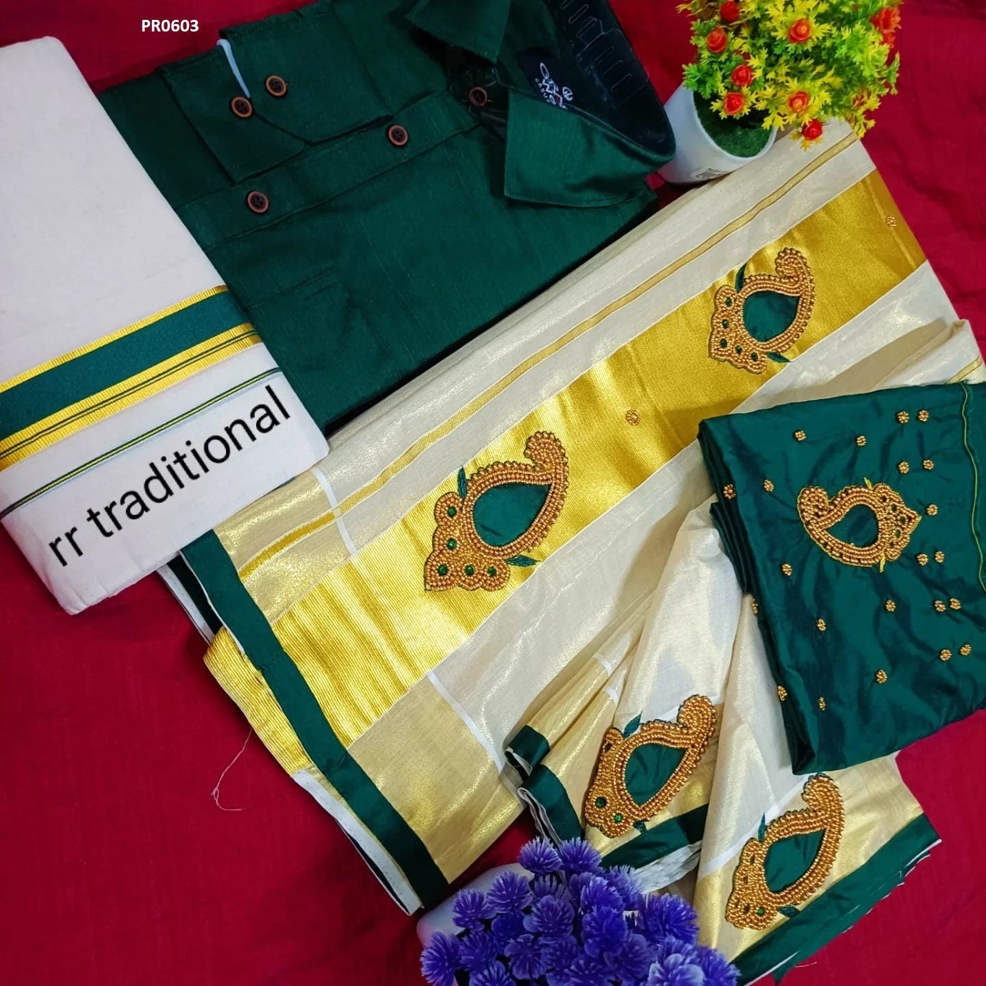 Kerala Golden Tissue hand worked Set Mundu / Set saree with Men&#39;s Shirt Dhoti Combo, Onam, Vishu, Pooja, Birth day, Marriage, Onam Special