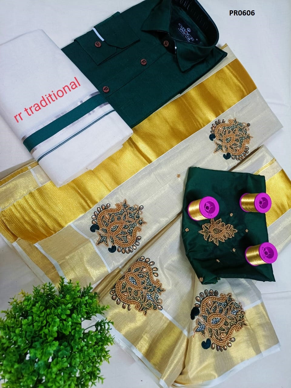 Kerala Golden Tissue hand worked Set Mundu / Set saree with Men&#39;s Shirt Dhoti Combo, Onam, Vishu, Pooja, Birth day, Marriage, Onam Special