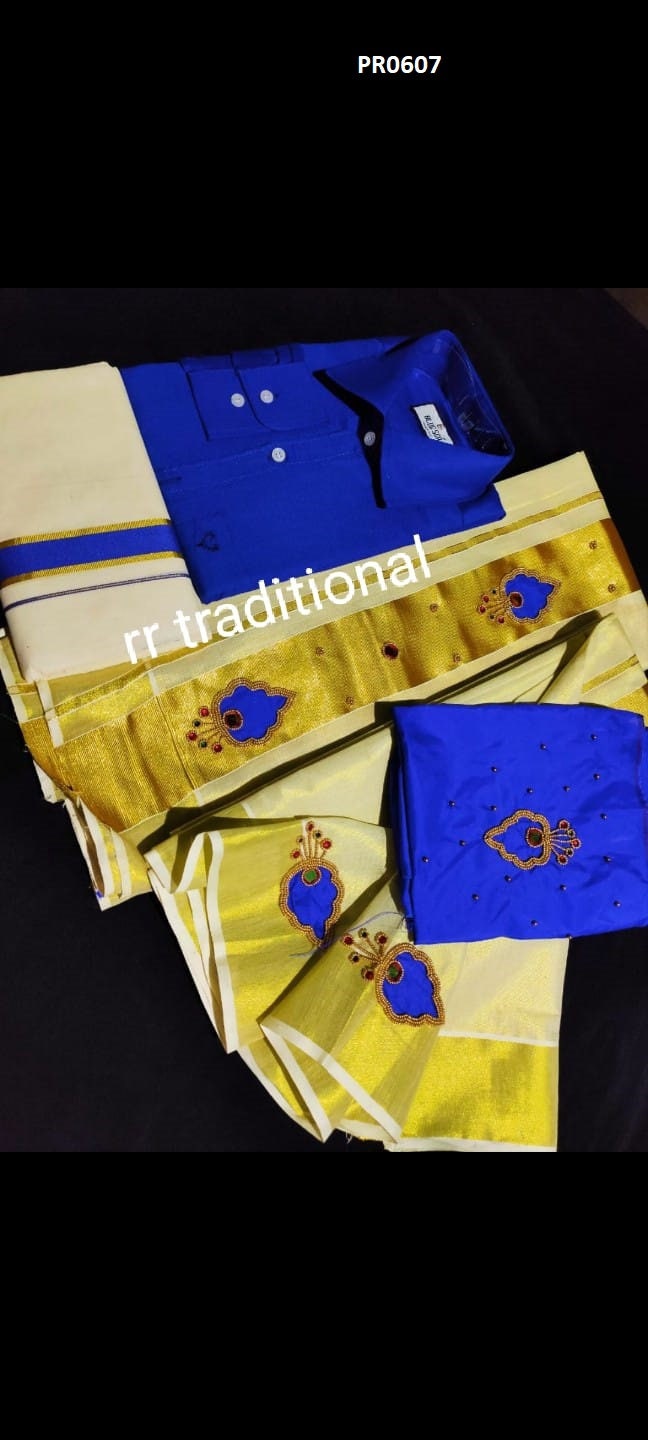 Kerala Golden Tissue hand worked Set Mundu / Set saree with Men&#39;s Shirt Dhoti Combo, Onam, Vishu, Pooja, Birth day, Marriage, Onam Special