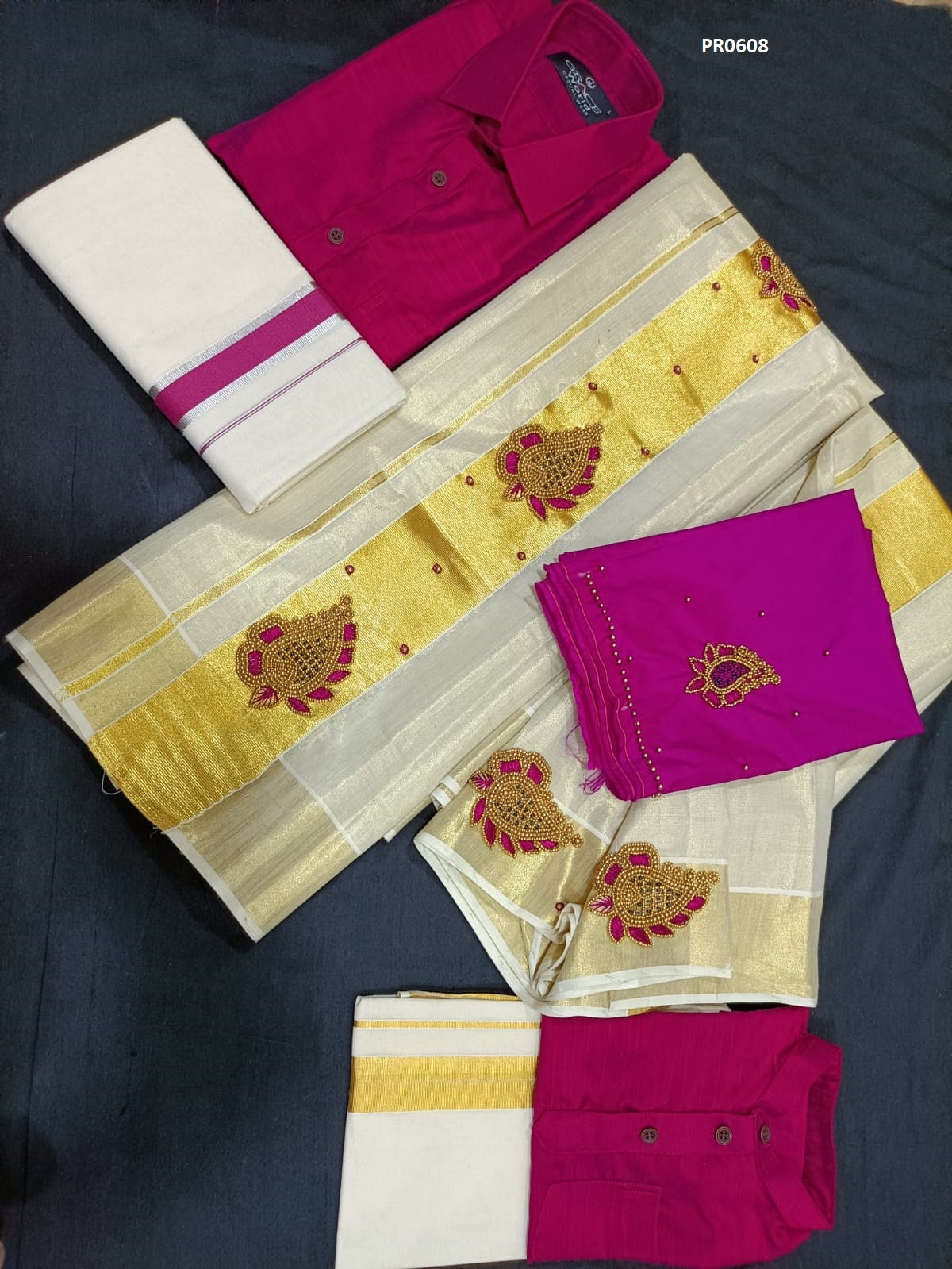 Kerala Golden Tissue hand worked Set Mundu / Set saree with Men&#39;s Shirt Dhoti Combo, Onam, Vishu, Pooja, Birth day, Marriage, Onam Special