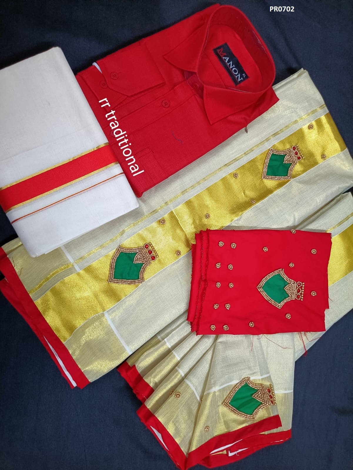 Tissue Hand work Set Mundu  with Blouse Material and Men&#39;s Shirt Dhoti, Combo Pack, Onam, Vishu Set Mundu, Birth day, New year, Marriage