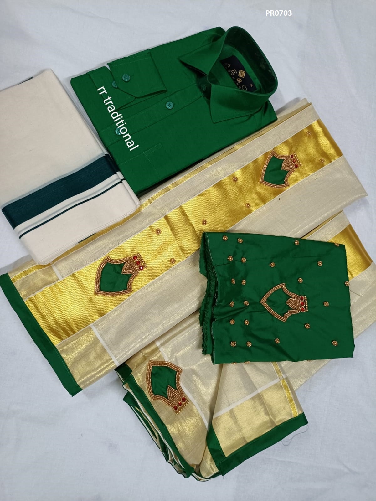 Tissue Hand work Set Mundu  with Blouse Material and Men&#39;s Shirt Dhoti, Combo Pack, Onam, Vishu Set Mundu, Birth day, New year, Marriage