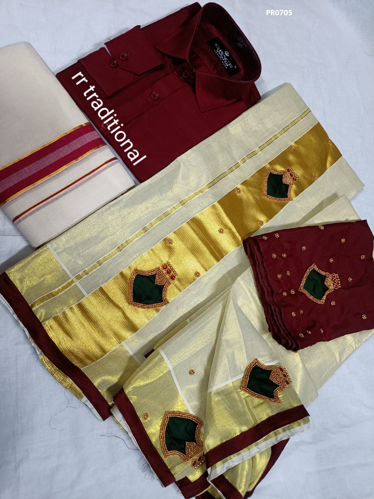 Tissue Hand work Set Mundu  with Blouse Material and Men&#39;s Shirt Dhoti, Combo Pack, Onam, Vishu Set Mundu, Birth day, New year, Marriage