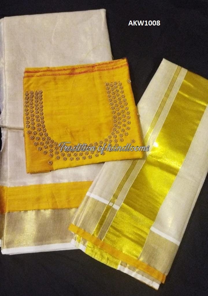 Kerala Golden Tissue Hand worked  Davani Material, Skirt stitched and Blouse material / Stitched Blouse, Onam, Vishu Wear, Dhavani, Lehanka