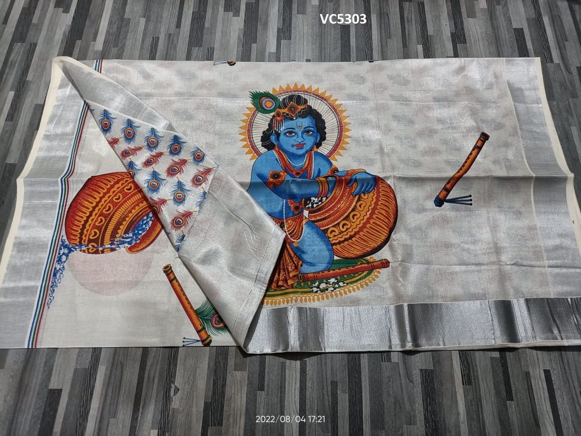 Kerala Silver Tissue Printed Saree, Indian Traditional  Clothing, Handmade designs, Kerala traditional, Onam Vishu Special Dress, Festival