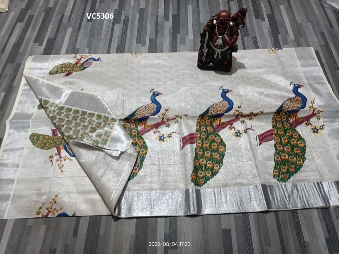 Kerala Silver Tissue Printed Saree, Indian Traditional  Clothing, Handmade designs, Kerala traditional, Onam Vishu Special Dress, Festival