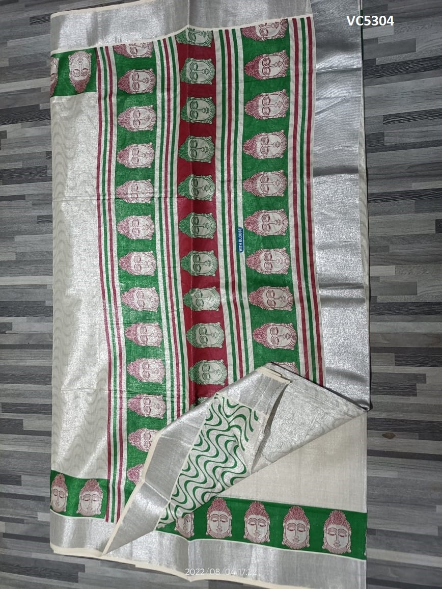 Kerala Silver Tissue Printed Saree, Indian Traditional  Clothing, Handmade designs, Kerala traditional, Onam Vishu Special Dress, Festival