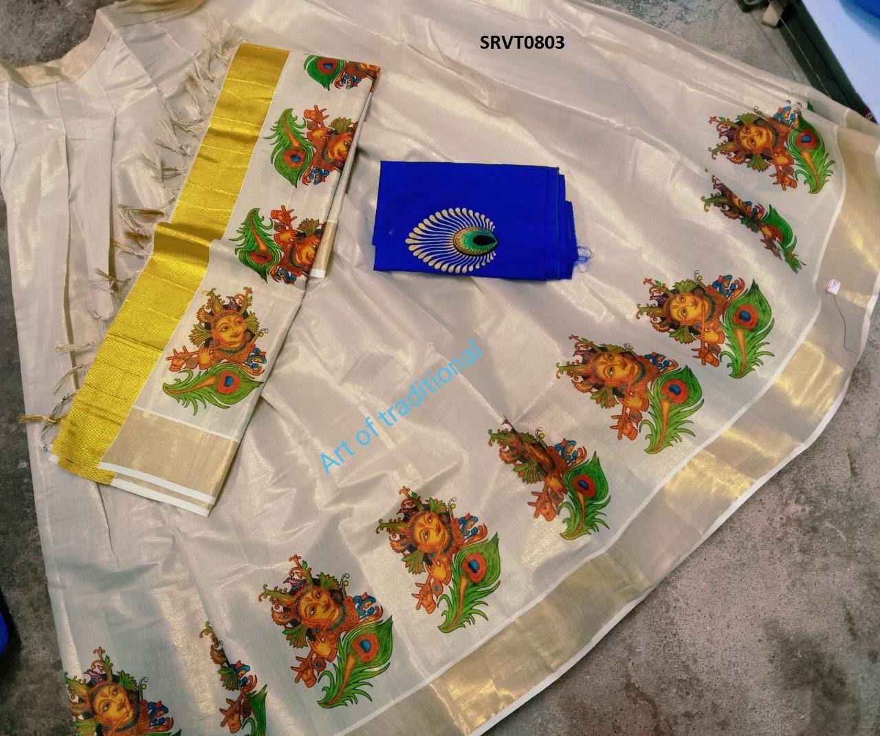 Kerala Tissue Mural Work Davani Skirt Stitched Free Size -with Blouse Material / Traditional Girls clothing / Handmade designs