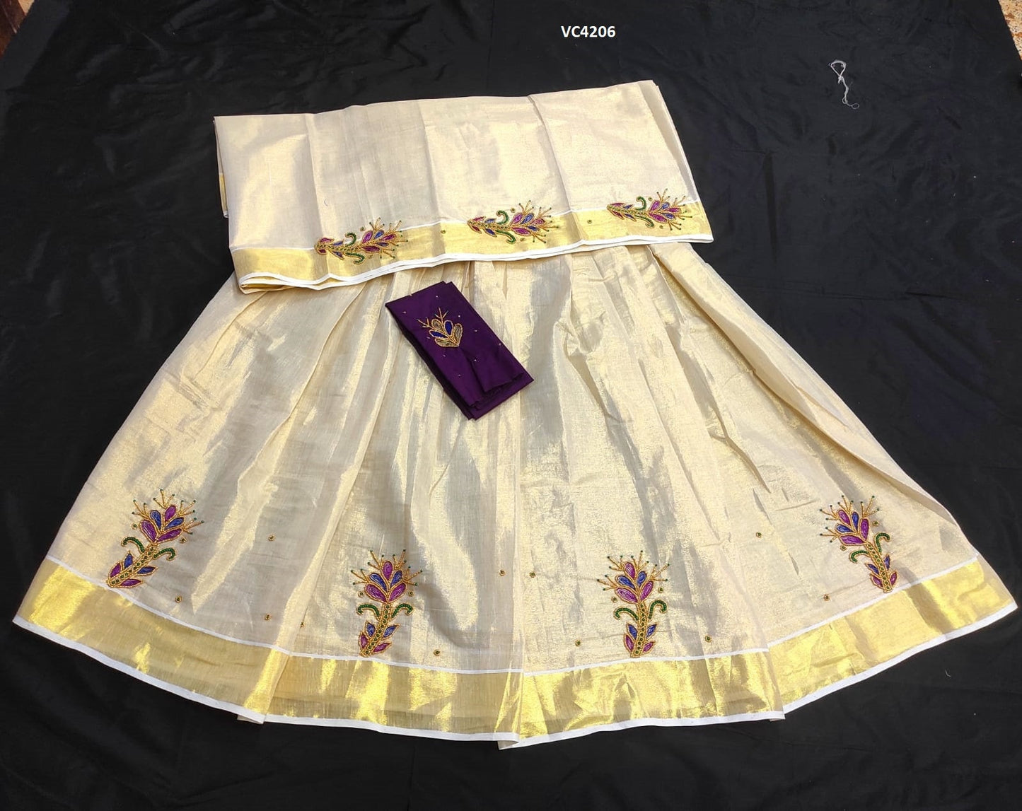 Kerala Golden Tissue davani set aariwork, Blouse  Stitched or Material, Girls clothing, Women Lehenga, Onam, Vishu, Birthday, Marriage wear