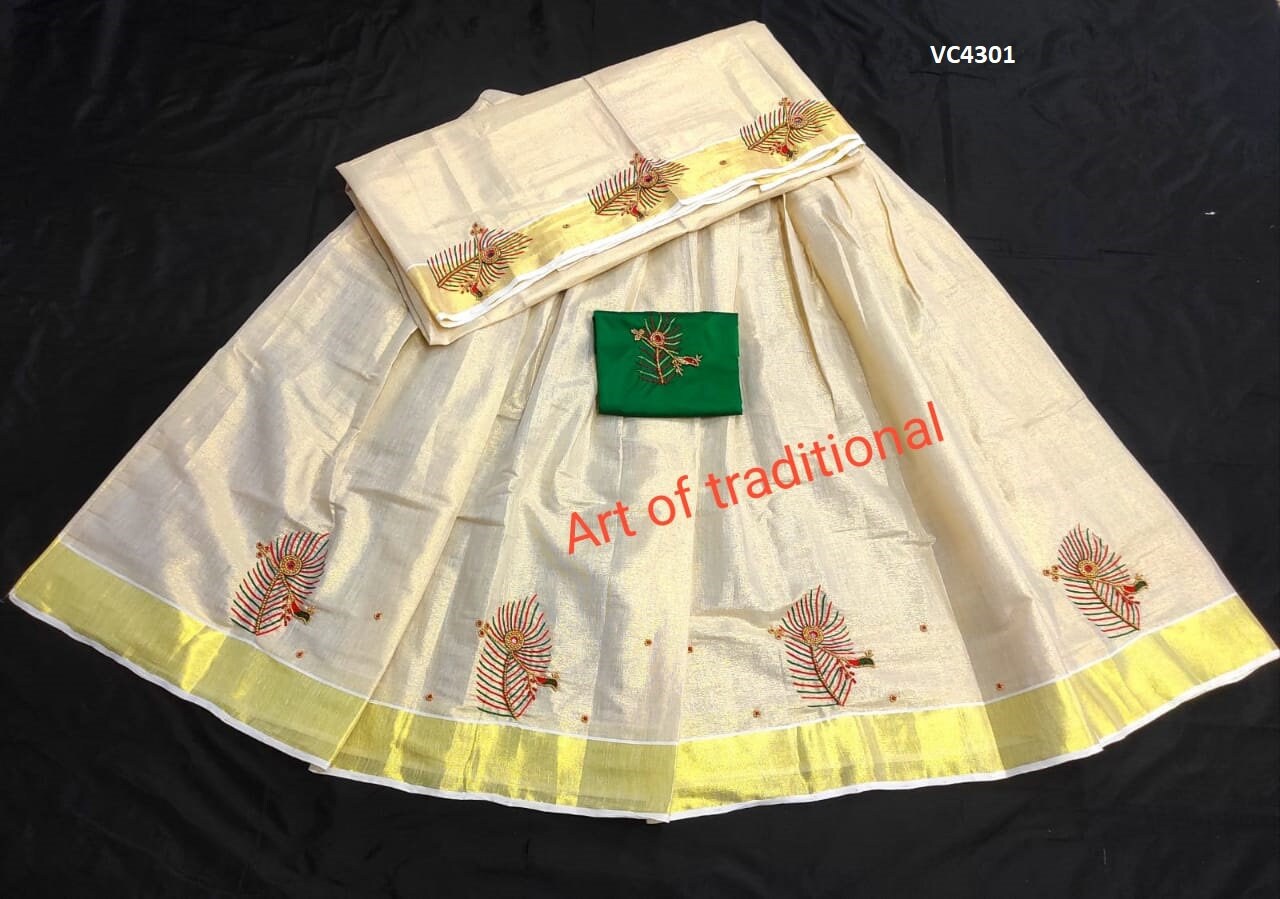 Kerala Golden Tissue Aari worked Dhavaniset  with Stitched Blouse or Blouse material,Onam, Christmas,Birthday,Festival