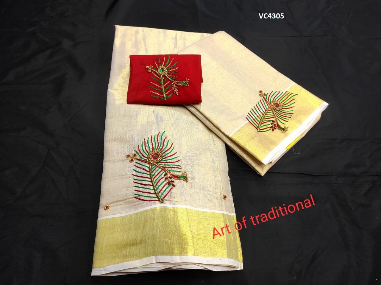 Kerala Golden Tissue Aari worked Dhavaniset  with Stitched Blouse or Blouse material,Onam, Christmas,Birthday,Festival