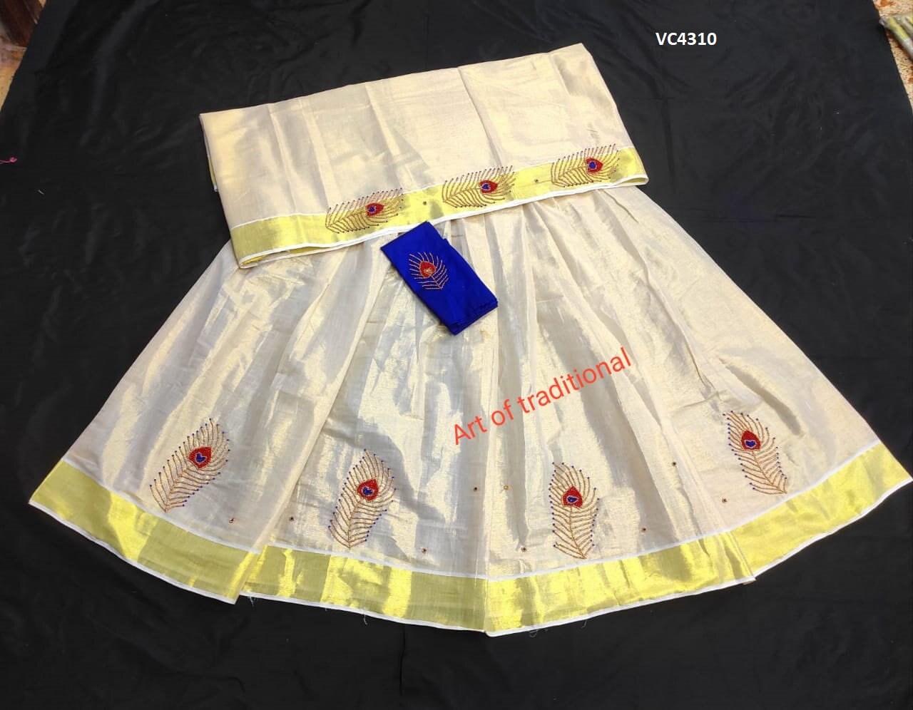 Kerala Golden Tissue Aari worked Dhavaniset  with Stitched Blouse or Blouse material,Onam, Christmas,Birthday,Festival