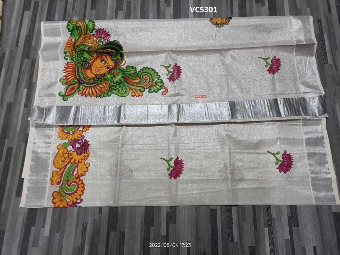 Kerala Silver Tissue Printed Saree, Indian Traditional  Clothing, Handmade designs, Kerala traditional, Onam Vishu Special Dress, Festival