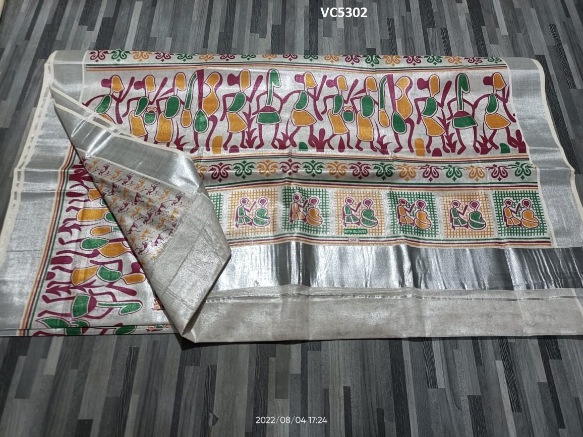 Kerala Silver Tissue Printed Saree, Indian Traditional  Clothing, Handmade designs, Kerala traditional, Onam Vishu Special Dress, Festival